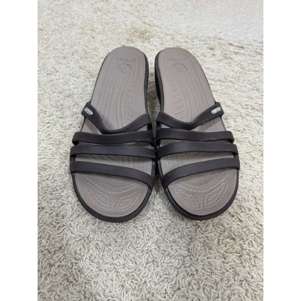 Crocs Women's Rhonda Wedge Sandals Slip-On Strappy Slides Brown Size 11 *READ*